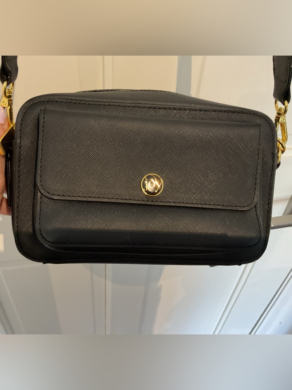 Joy Mangano Black Crossbody Bag with Gold Logo